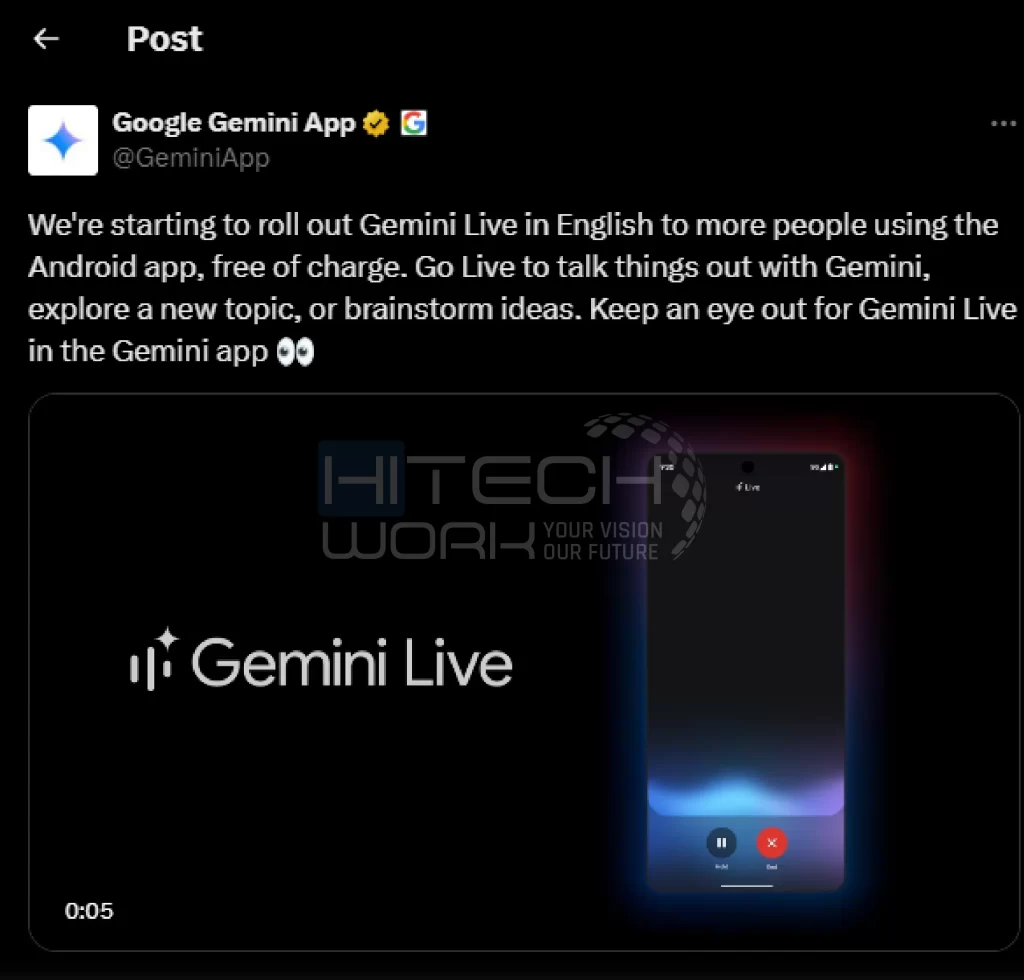 x post about Gemini Live is Now Free 