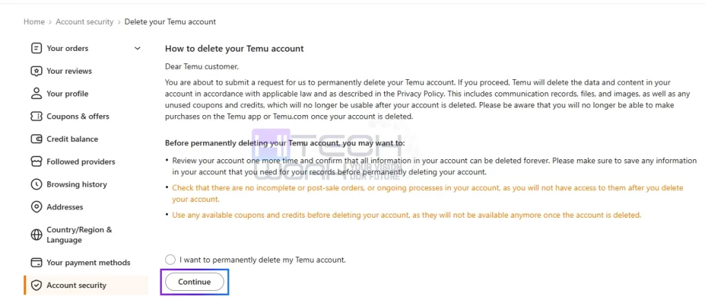 Check I want to permanently delete my Temu Account